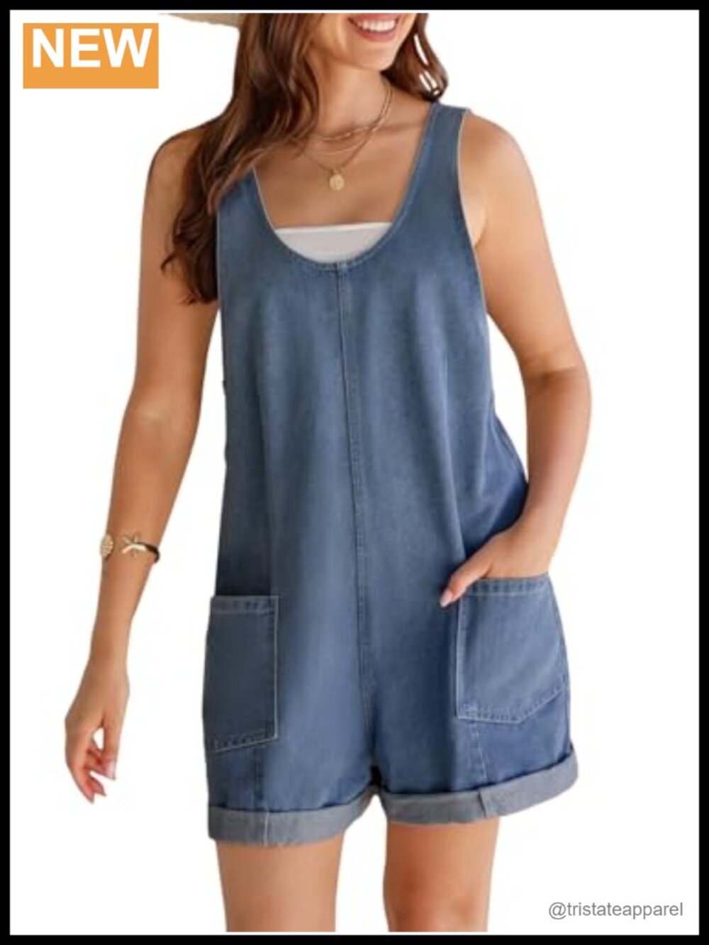 Denim Look Sleeveless Overalls Romper with Pockets Rolled Cuff Casual Summer